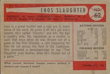 1954 Bowman #62 Enos Slaughter Back