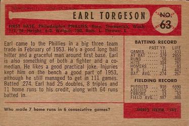 1954 Bowman #63 Earl Torgeson Back