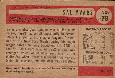 1954 Bowman #78 Sal Yvars Back