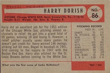 1954 Bowman #86 Harry Dorish Back
