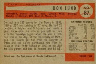 1954 Bowman #87 Don Lund Back