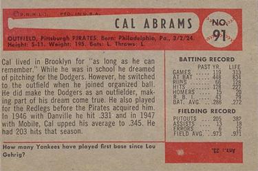 1954 Bowman #91 Cal Abrams Back