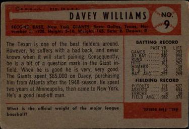 1954 Bowman #9 Davey Williams Back