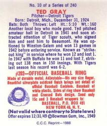 1988 Card Collectors 1949 Bowman Reprint #10 Ted Gray Back