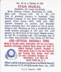 1988 Card Collectors 1949 Bowman Reprint #24 Stan Musial Back