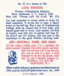1988 Card Collectors 1949 Bowman Reprint #41 Lou Brissie Back