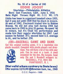 1988 Card Collectors 1949 Bowman Reprint #55 Eddie Joost Back