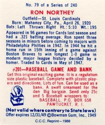 1988 Card Collectors 1949 Bowman Reprint #79 Ron Northey Back
