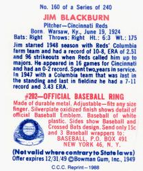 1988 Card Collectors 1949 Bowman Reprint #160 Jim Blackburn Back