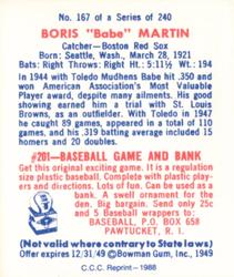 1988 Card Collectors 1949 Bowman Reprint #167 Babe Martin Back