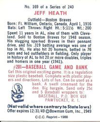 1988 Card Collectors 1949 Bowman Reprint #169 Jeff Heath Back