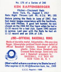 1988 Card Collectors 1949 Bowman Reprint #176 Ken Raffensberger Back