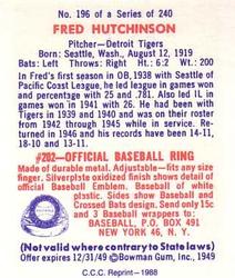 1988 Card Collectors 1949 Bowman Reprint #196 Fred Hutchinson Back