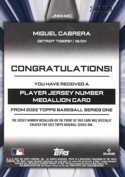 2022 Topps - Player Jersey Number Medallion Commemorative Manufactured Relics Black #JNM-MC Miguel Cabrera Back