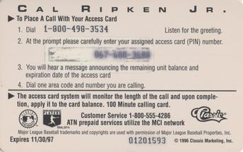 1996 Classic MLB $100 Phone Cards #NNO Cal Ripken Jr. Back