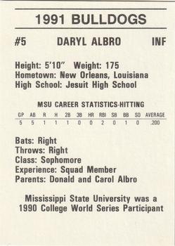 1991 Mississippi State Bulldogs #NNO Daryl Albro Back