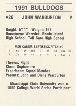 1991 Mississippi State Bulldogs #NNO John Warburton Back