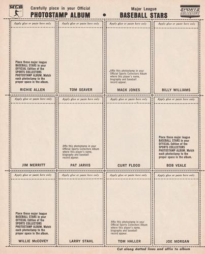 1969 MLB PhotoStamps - Uncut Sheets #NL1 Dick Allen / Tom Seaver / Mack Jones / Billy Williams / Jim Merritt / Pat Jarvis / Curt Flood / Bob Veale / Willie McCovey / Larry Stahl / Tom Haller / Joe Morgan Back