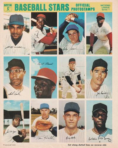 1969 MLB PhotoStamps - Uncut Sheets #NL1 Dick Allen / Tom Seaver / Mack Jones / Billy Williams / Jim Merritt / Pat Jarvis / Curt Flood / Bob Veale / Willie McCovey / Larry Stahl / Tom Haller / Joe Morgan Front