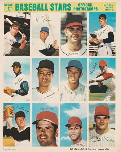 1969 MLB PhotoStamps - Uncut Sheets #NL5 Frank Linzy / Dick Kelley / Ron Fairly / Curt Blefary / Chris Short / Jerry Grote / Maury Wills / Fergie Jenkins / Pete Rose / Orlando Cepeda / Nellie Briles / Jim Bunning Front