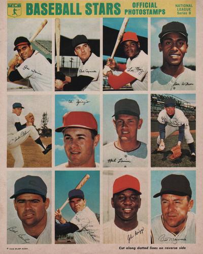 1969 MLB PhotoStamps - Uncut Sheets #NL8 Don Wilson / Lee May / Bob Aspromonte / Joe Torre / Glenn Beckert / Hal Lanier / Ed Spiezio / Claude Osteen / Bill Mazeroski / John Briggs / Ron Swoboda / Bob Bailey Front