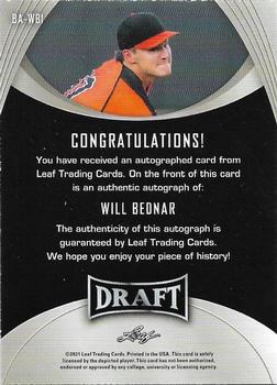 2021 Leaf Draft - Autographs #BA-WB1 Will Bednar Back