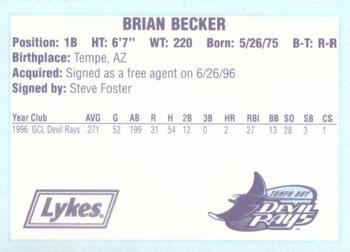 1996 Tampa Bay Devil Rays A Team is Born #NNO Brian Becker Back