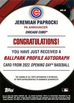 2022 Topps Opening Day - Ballpark Profile Autographs #BPA-JP Jeremiah Paprocki Back