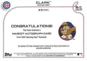 2022 Topps Opening Day - Mascot Autographs #MA-CL Clark Back