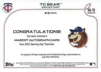 2022 Topps Opening Day - Mascot Autographs #MA-TB TC Bear Back