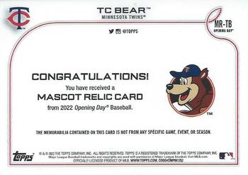 2022 Topps Opening Day - Mascot Relics #MR-TB TC Bear Back