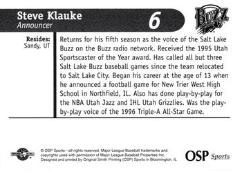 1998 OSP Sports Salt Lake Buzz #6 Steve Klauke Back
