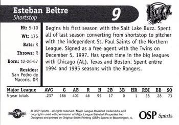 1998 OSP Sports Salt Lake Buzz #9 Esteban Beltre Back