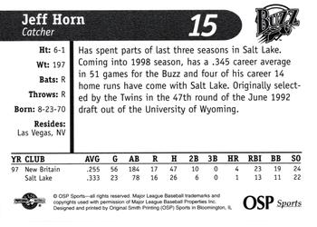 1998 OSP Sports Salt Lake Buzz #15 Jeff Horn Back
