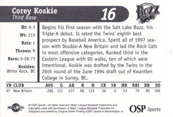 1998 OSP Sports Salt Lake Buzz #16 Corey Koskie Back