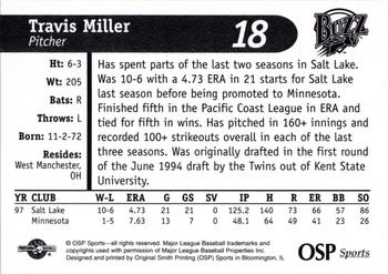 1998 OSP Sports Salt Lake Buzz #18 Travis Miller Back