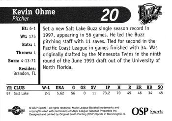 1998 OSP Sports Salt Lake Buzz #20 Kevin Ohme Back