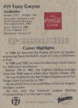 1989 Coca-Cola San Diego Padres Junior Club #NNO Tony Gwynn Back