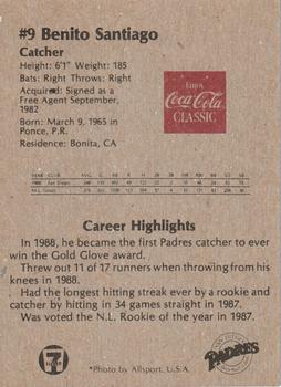 1989 Coca-Cola San Diego Padres Junior Club #NNO Benito Santiago Back
