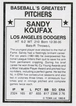 1982 TCMA Baseball's Greatest Pitchers (White Back) #8 Sandy Koufax Back
