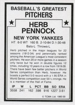 1982 TCMA Baseball's Greatest Pitchers (White Back) #30 Herb Pennock Back