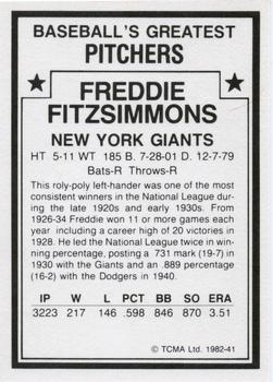 1982 TCMA Baseball's Greatest Pitchers (White Back) #41 Freddie Fitzsimmons Back