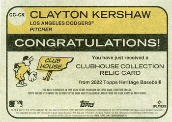 2022 Topps Heritage - Clubhouse Collection Relics #CC-CK Clayton Kershaw Back