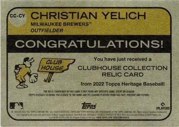 2022 Topps Heritage - Clubhouse Collection Relics #CC-CY Christian Yelich Back