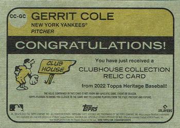 2022 Topps Heritage - Clubhouse Collection Relics #CC-GC Gerrit Cole Back