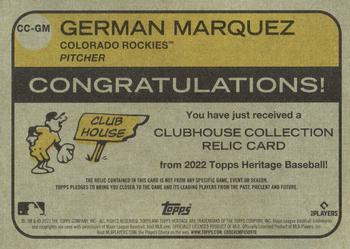 2022 Topps Heritage - Clubhouse Collection Relics #CC-GM German Marquez Back