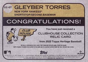 2022 Topps Heritage - Clubhouse Collection Relics #CC-GT Gleyber Torres Back