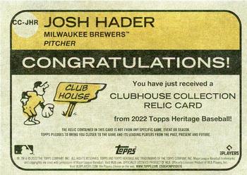 2022 Topps Heritage - Clubhouse Collection Relics #CC-JHR Josh Hader Back