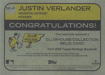 2022 Topps Heritage - Clubhouse Collection Relics #CC-JV Justin Verlander Back