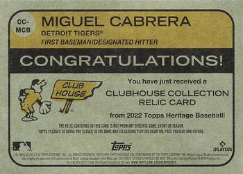 2022 Topps Heritage - Clubhouse Collection Relics #CC-MCB Miguel Cabrera Back